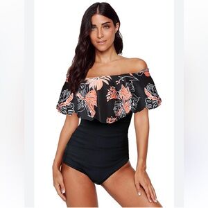 Black Floral Off-Shoulder One-Piece Swimsuit XL EUC